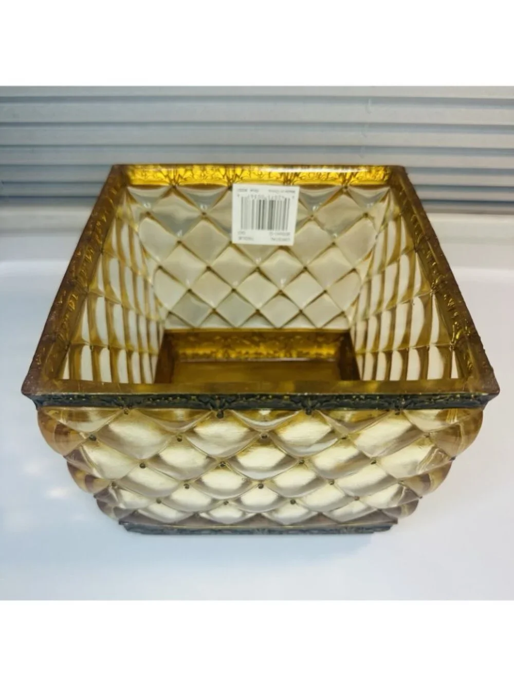 Vintage Amber Heavy Lucite Acrylic Square Tissue Box Holder Gold Ornate Regency